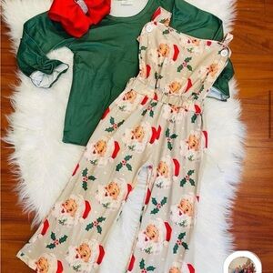 Festive Green Top and Holiday Print Overalls Set